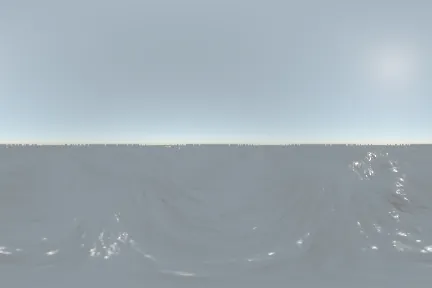 Low resolution cubemap captured during rendering, the cubemap is displayed in a panaromic view. Each face of the cubemap is captured seperately at 128^2 texel resolution.