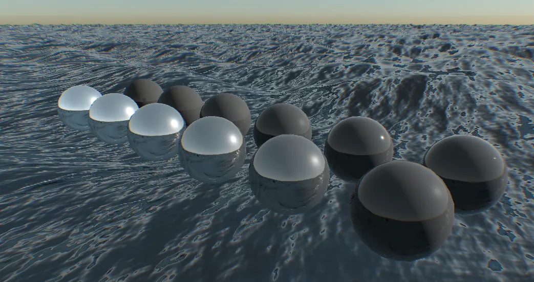 Test render using physically based rendering of some sphere's with varying metallicness and roughness.